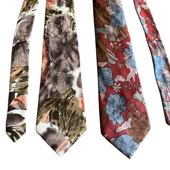 Lot 2X Girun Hand Made Pure 100% Silk Ties Floral Lush Red Blue Brown - Picture 6 of 6